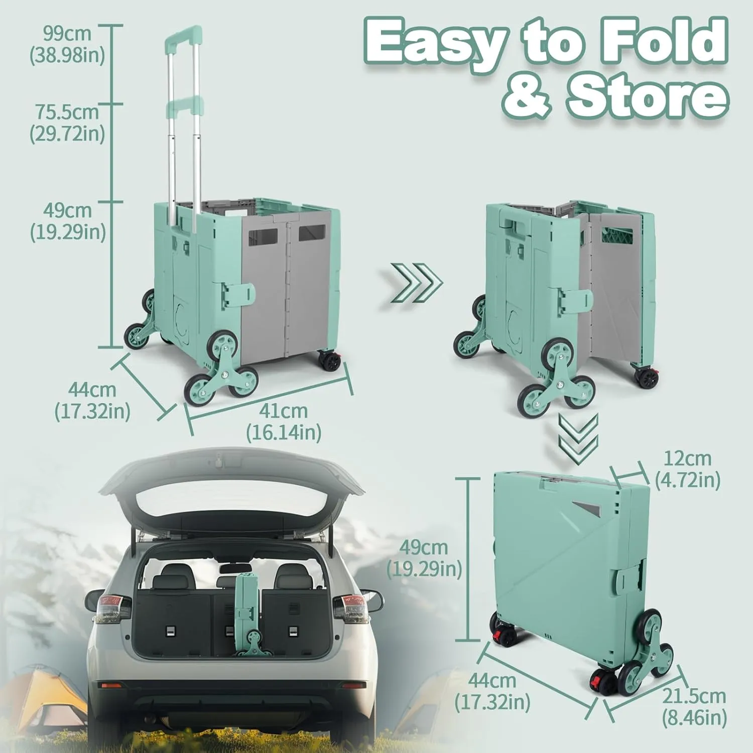 FP650 Folding Utility Cart Collapsible Portable Rolling Crate Handcart with Stair Climbing Wheels, Telescopic Handle Wear-Resistant 360°Rotate Wheel Noiseless for Teacher Shopping Grocery(Green Grey)