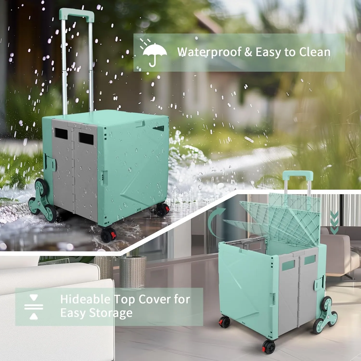FP650 Folding Utility Cart Collapsible Portable Rolling Crate Handcart with Stair Climbing Wheels, Telescopic Handle Wear-Resistant 360°Rotate Wheel Noiseless for Teacher Shopping Grocery(Green Grey)
