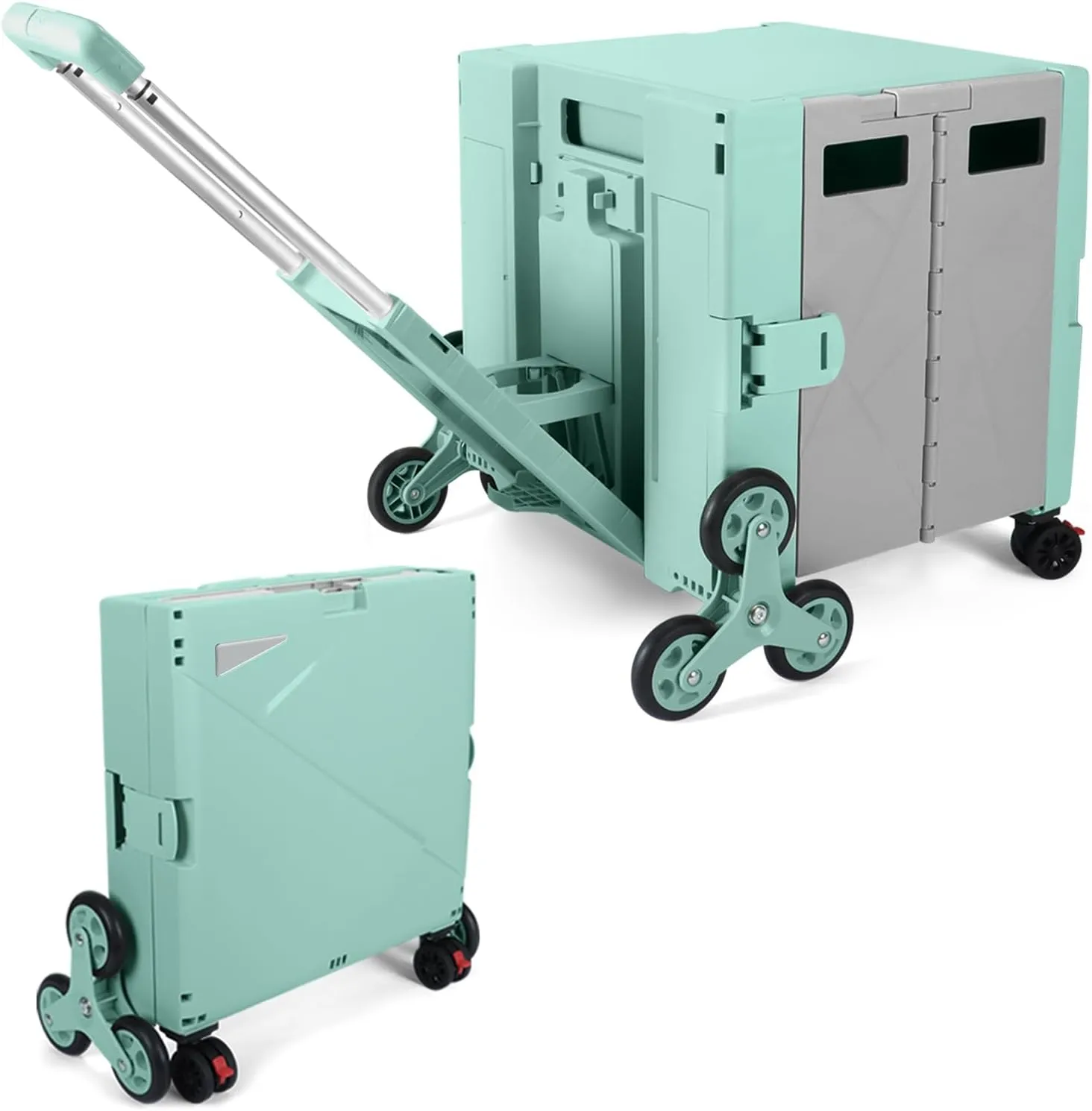 FP650 Folding Utility Cart Collapsible Portable Rolling Crate Handcart with Stair Climbing Wheels, Telescopic Handle Wear-Resistant 360°Rotate Wheel Noiseless for Teacher Shopping Grocery(Green Grey)