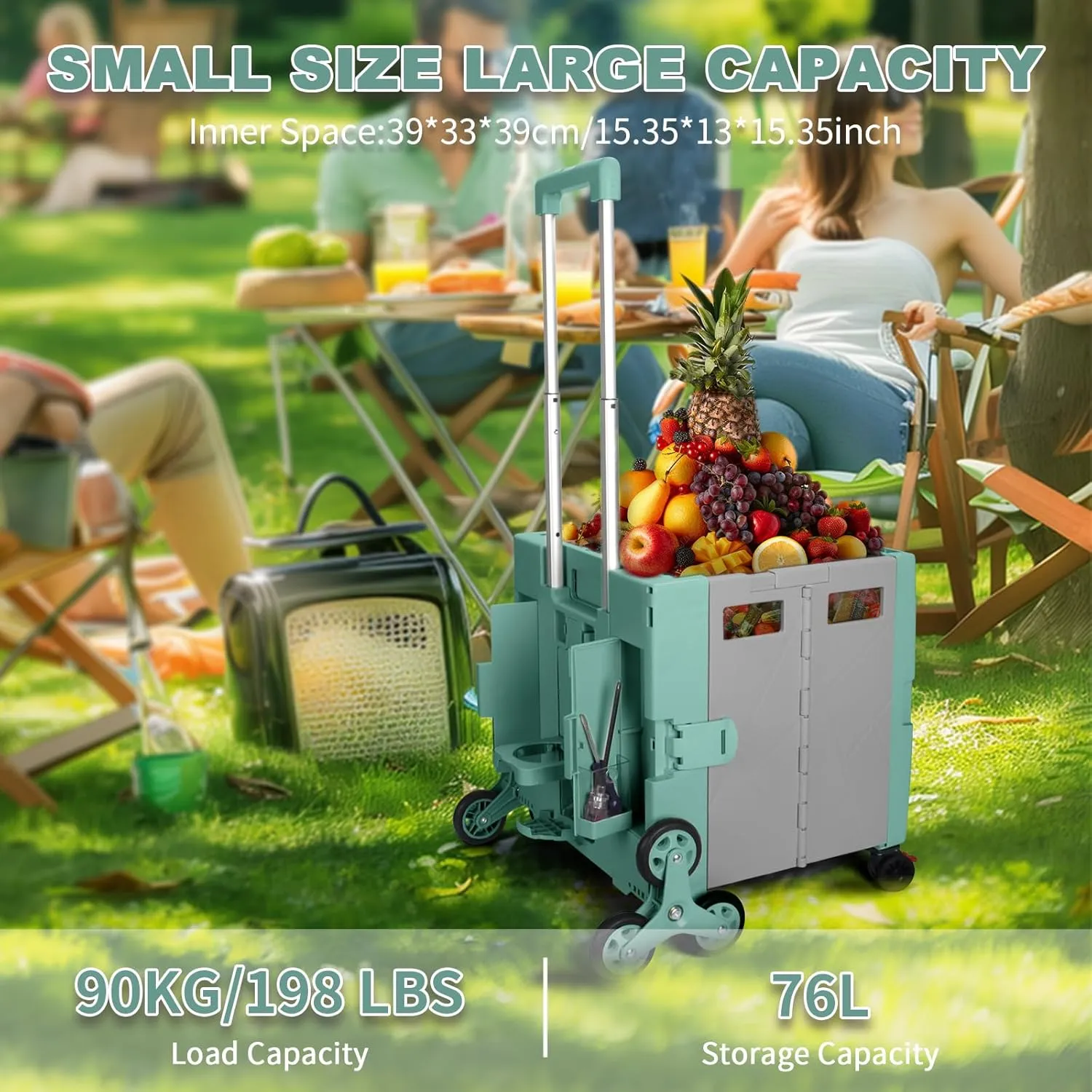 FP650 Folding Utility Cart Collapsible Portable Rolling Crate Handcart with Stair Climbing Wheels, Telescopic Handle Wear-Resistant 360°Rotate Wheel Noiseless for Teacher Shopping Grocery(Green Grey)