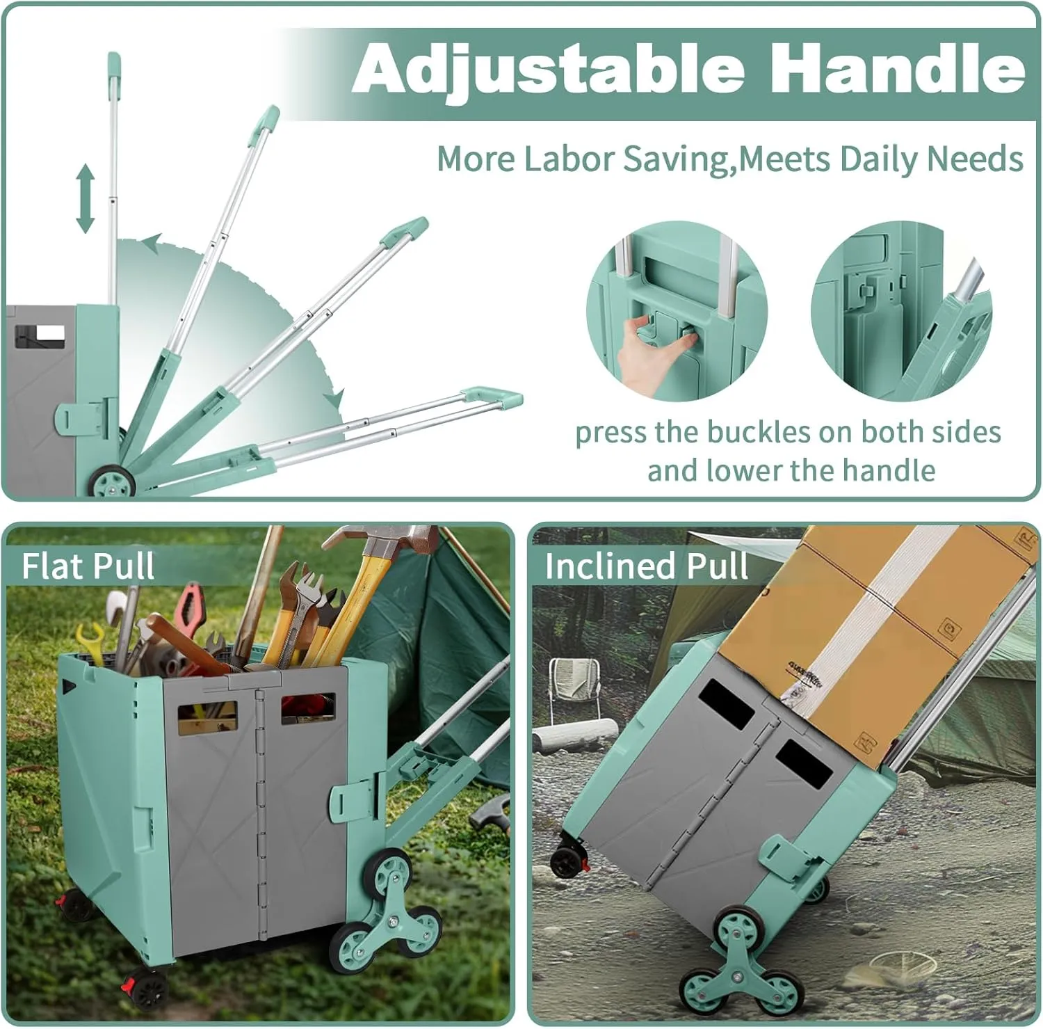 FP650 Folding Utility Cart Collapsible Portable Rolling Crate Handcart with Stair Climbing Wheels, Telescopic Handle Wear-Resistant 360°Rotate Wheel Noiseless for Teacher Shopping Grocery(Green Grey)
