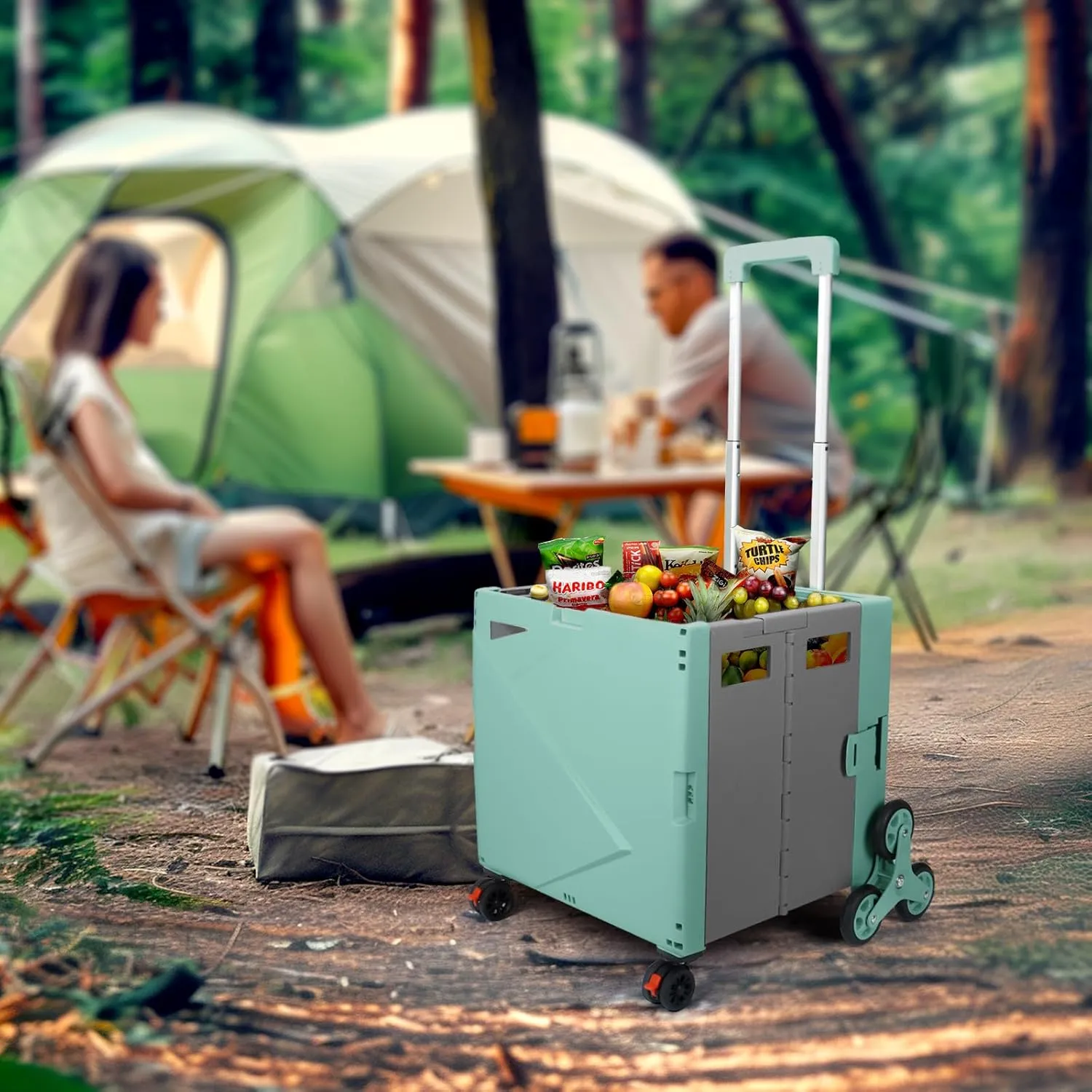 FP650 Folding Utility Cart Collapsible Portable Rolling Crate Handcart with Stair Climbing Wheels, Telescopic Handle Wear-Resistant 360°Rotate Wheel Noiseless for Teacher Shopping Grocery(Green Grey)