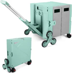 FP650 Folding Utility Cart Collapsible Portable Rolling Crate Handcart with Stair Climbing Wheels, Telescopic Handle Wear-Resistant 360°Rotate Wheel Noiseless for Teacher Shopping Grocery(Green Grey)