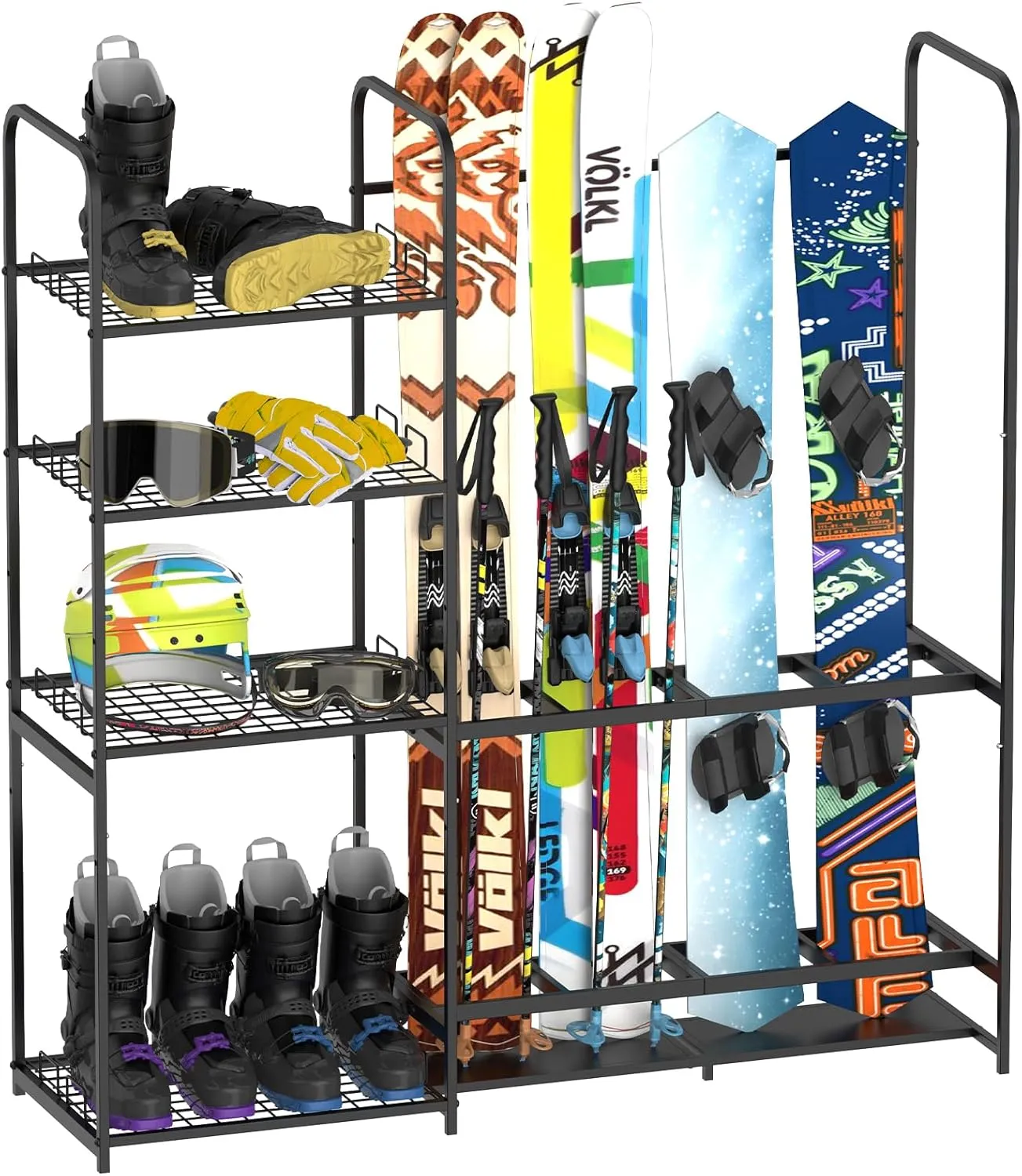 Freestanding Ski Rack for Garage - Stores 4 Pairs of Skis, Adjustable Ski Boot Holder, Organizes Skis, Boots, Poles, Goggles, Helmets & Gear, Ideal for Garage, Shed, Basement, Ski Enthusiasts