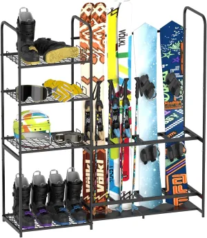 Freestanding Ski Rack for Garage - Stores 4 Pairs of Skis, Adjustable Ski Boot Holder, Organizes Skis, Boots, Poles, Goggles, Helmets & Gear, Ideal for Garage, Shed, Basement, Ski Enthusiasts