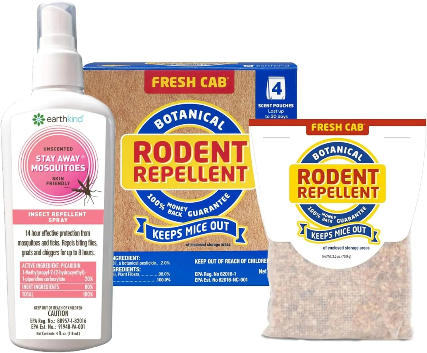 Fresh Cab EarthKind Rodent and Mosquito Bundle Mouse Repellent 4-Pack and Stay Away Mosquitoes Insect Repellent 4 Oz