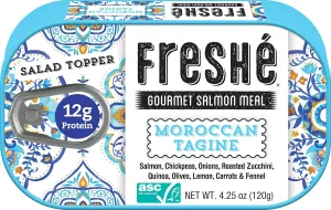 Freshé Canned Salmon Moroccan Tagine (10 Pack) - Mediterranean Style Atlantic Salmon in Olive Oil - Sustainably Farmed Tinned Fish (4.25oz Cans)