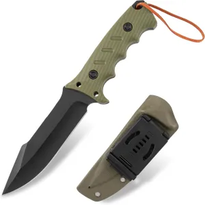 Full Tang Tactical Survival Knife with Kydex Sheath - Heavy Duty Outdoor Fixed Blade Knife, and Adjustable Belt Clip - Ideal for Hunting, Bushcraft, and Camping (Green)