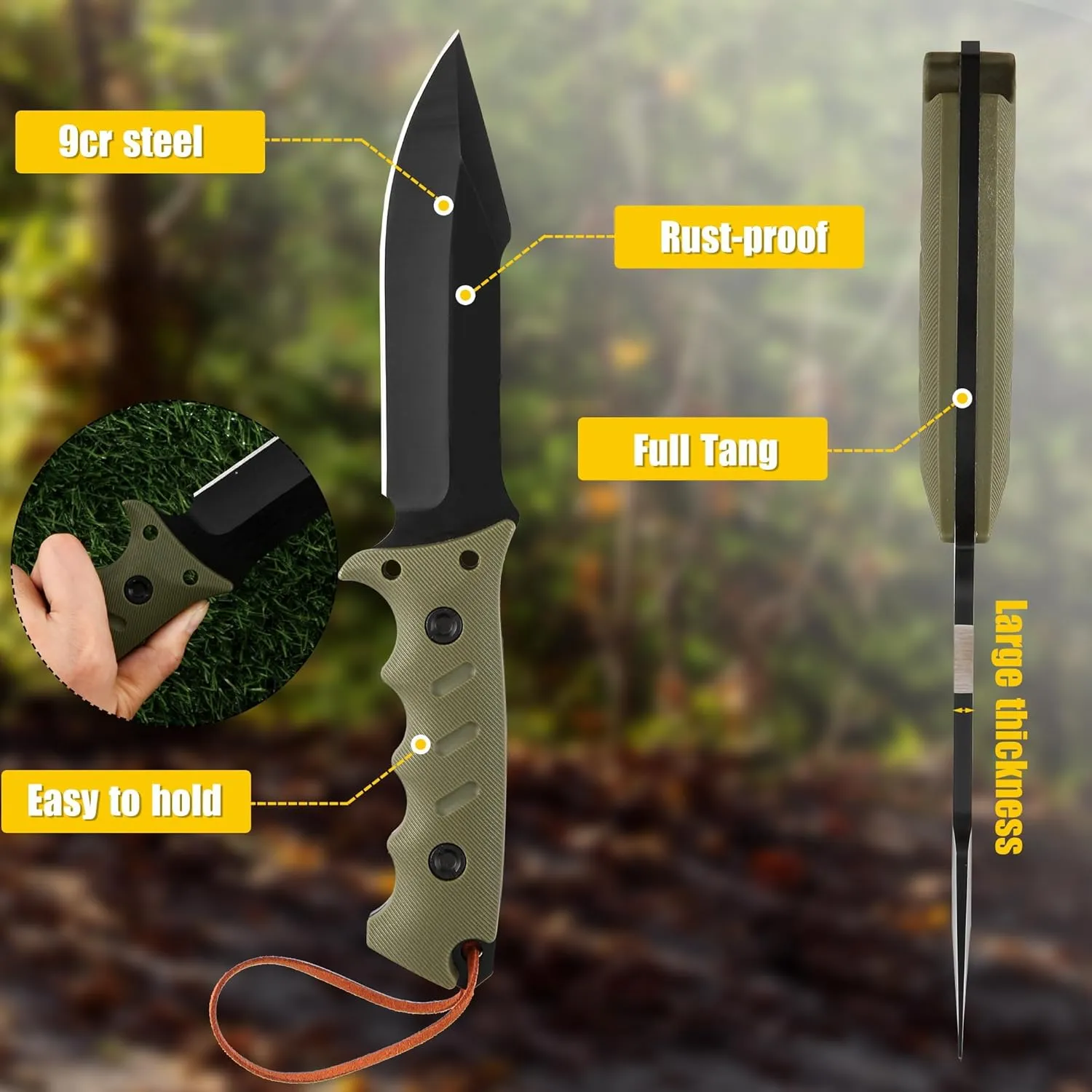 Full Tang Tactical Survival Knife with Kydex Sheath - Heavy Duty Outdoor Fixed Blade Knife, and Adjustable Belt Clip - Ideal for Hunting, Bushcraft, and Camping (Green)