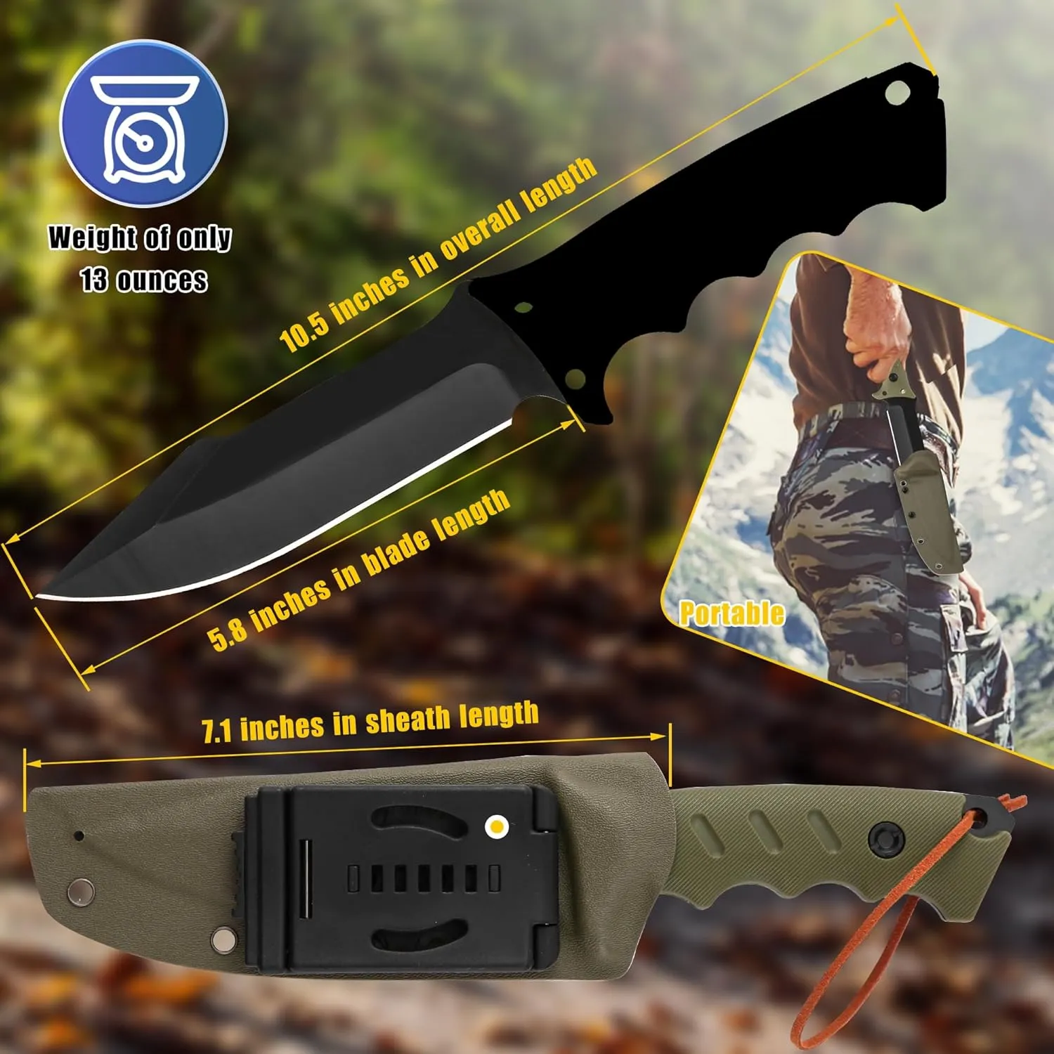 Full Tang Tactical Survival Knife with Kydex Sheath - Heavy Duty Outdoor Fixed Blade Knife, and Adjustable Belt Clip - Ideal for Hunting, Bushcraft, and Camping (Green)