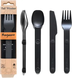 FULL WINDSOR - MAGWARE Magnetic Camping Cutlery Set - Travel Utensils for Camping, Cooking, and Outdoor Dining - Knife, Fork & Spoon - Portable Silverware with Pouch - Black (3 PCS)