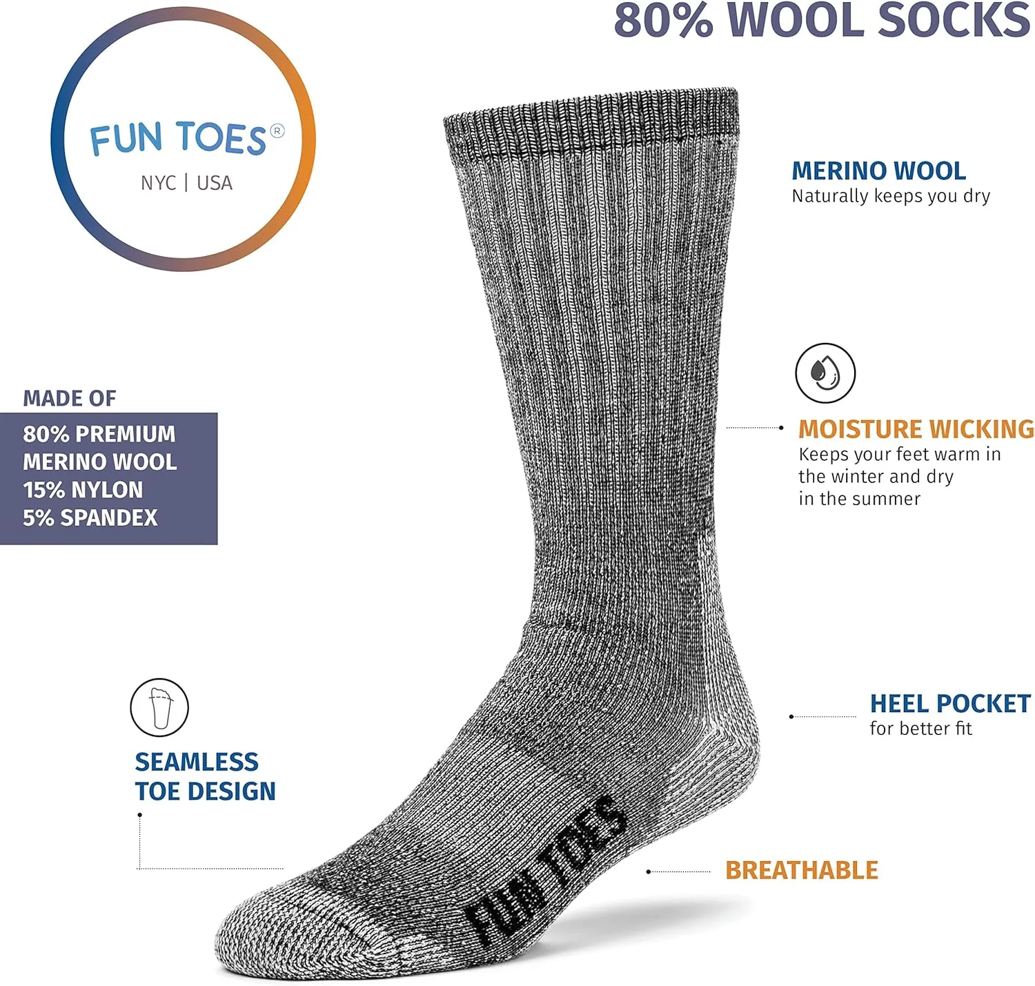 FUN TOES Boot Socks for Men, 3 Pairs Durable Thermal Insulated 80% Merino Wool Warm Hiking for Winter, Indoor or Outdoor
