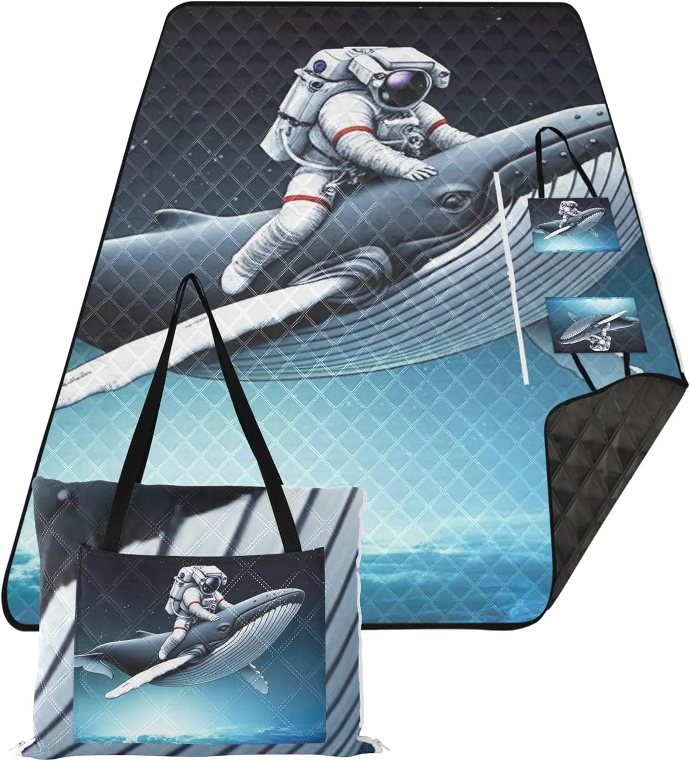 Funny Astronaut Riding Whale Waterproof Beach Blanket Sand Proof, Lawn Blanket for Grass Mat Large Mat Picnic Blanket Cute, 80" x 60"