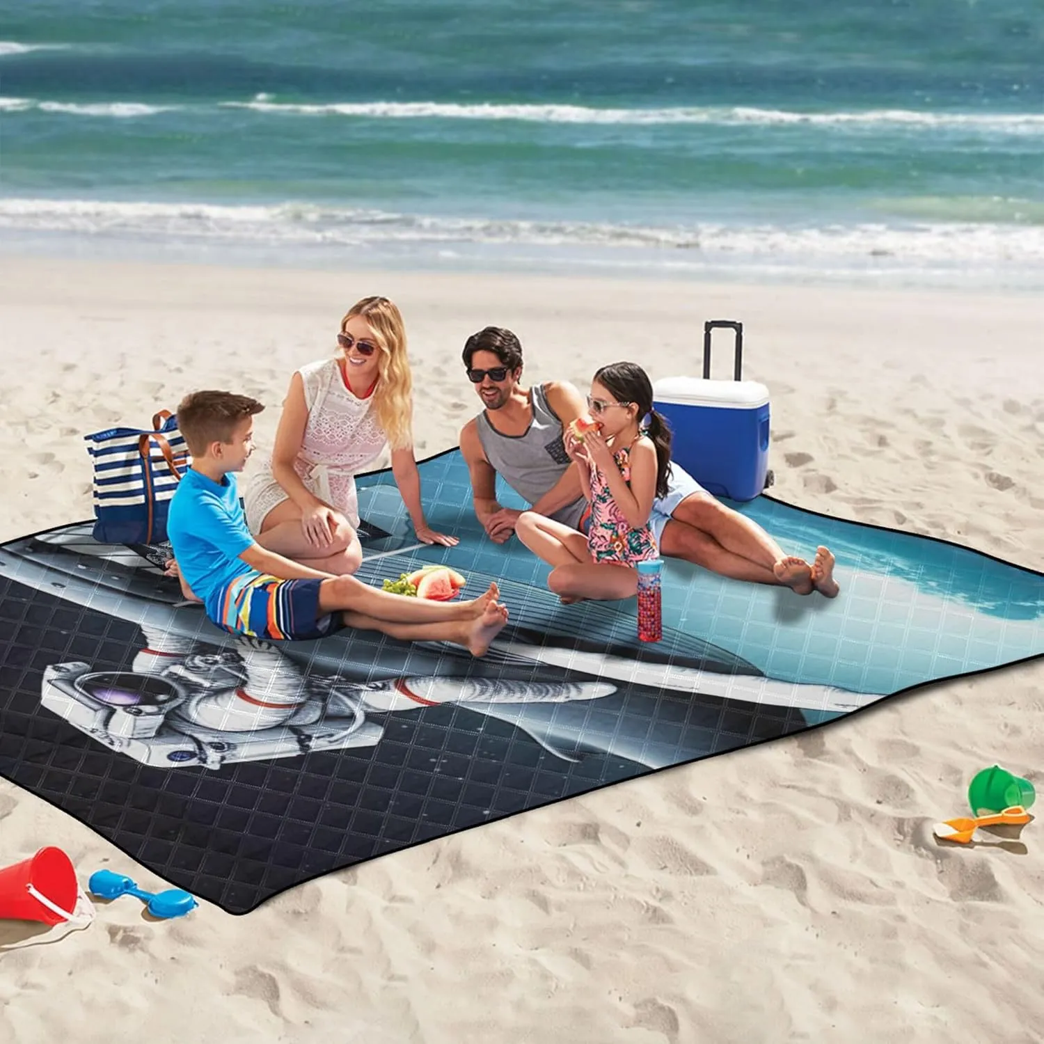 Funny Astronaut Riding Whale Waterproof Beach Blanket Sand Proof, Lawn Blanket for Grass Mat Large Mat Picnic Blanket Cute, 80" x 60"