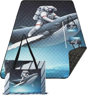 Funny Astronaut Riding Whale Waterproof Beach Blanket Sand Proof, Lawn Blanket for Grass Mat Large Mat Picnic Blanket Cute, 80" x 60"