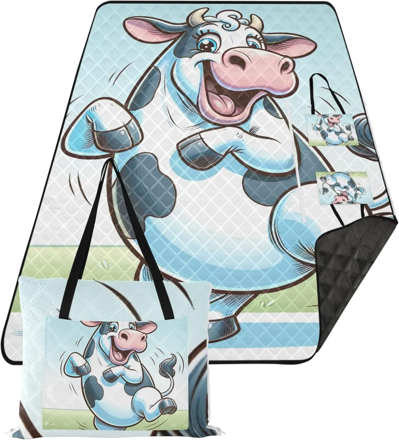 Funny Cartoon Cow Large Mat Picnic Blanket Cute Sand Free Beach Blanket Waterproof Outdoor Blankets for Grass 80" x 60"