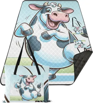 Funny Cartoon Cow Large Mat Picnic Blanket Cute Sand Free Beach Blanket Waterproof Outdoor Blankets for Grass 80" x 60"