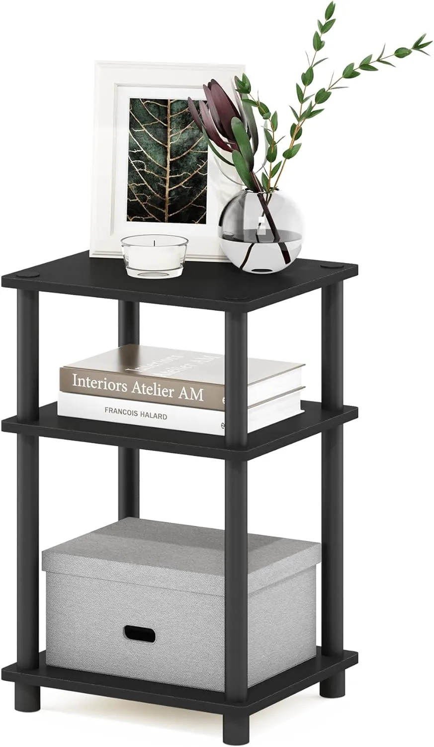 Furinno Just 3-Tier Turn-N-Tube End Table / Side Table / Night Stand / Bedside Table with Plastic Poles, 1-Pack, Americano/Black