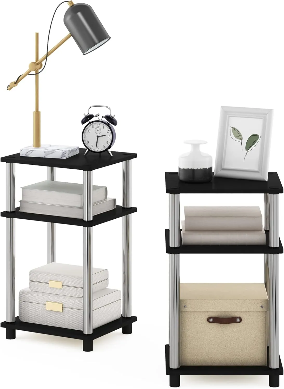 Furinno Simplistic End Side Night Stand/Bedside Table with Stainless Steel Tubes, 2-Pack, 2-Tier Poles, Americano/Chrome