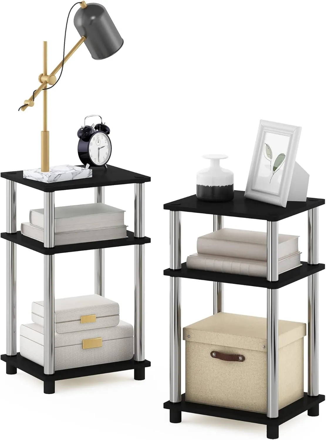 Furinno Simplistic End Side Night Stand/Bedside Table with Stainless Steel Tubes, 2-Pack, 2-Tier Poles, Americano/Chrome