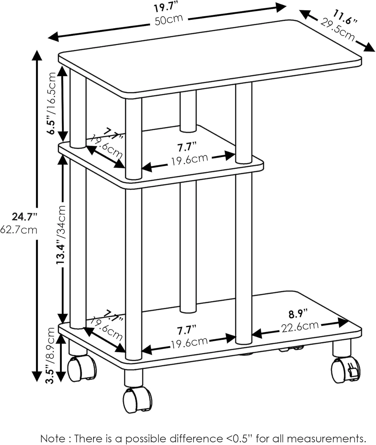 Furinno Turn-N-Tube C Shaped Side Table with Casters, Americano/Stainless Steel