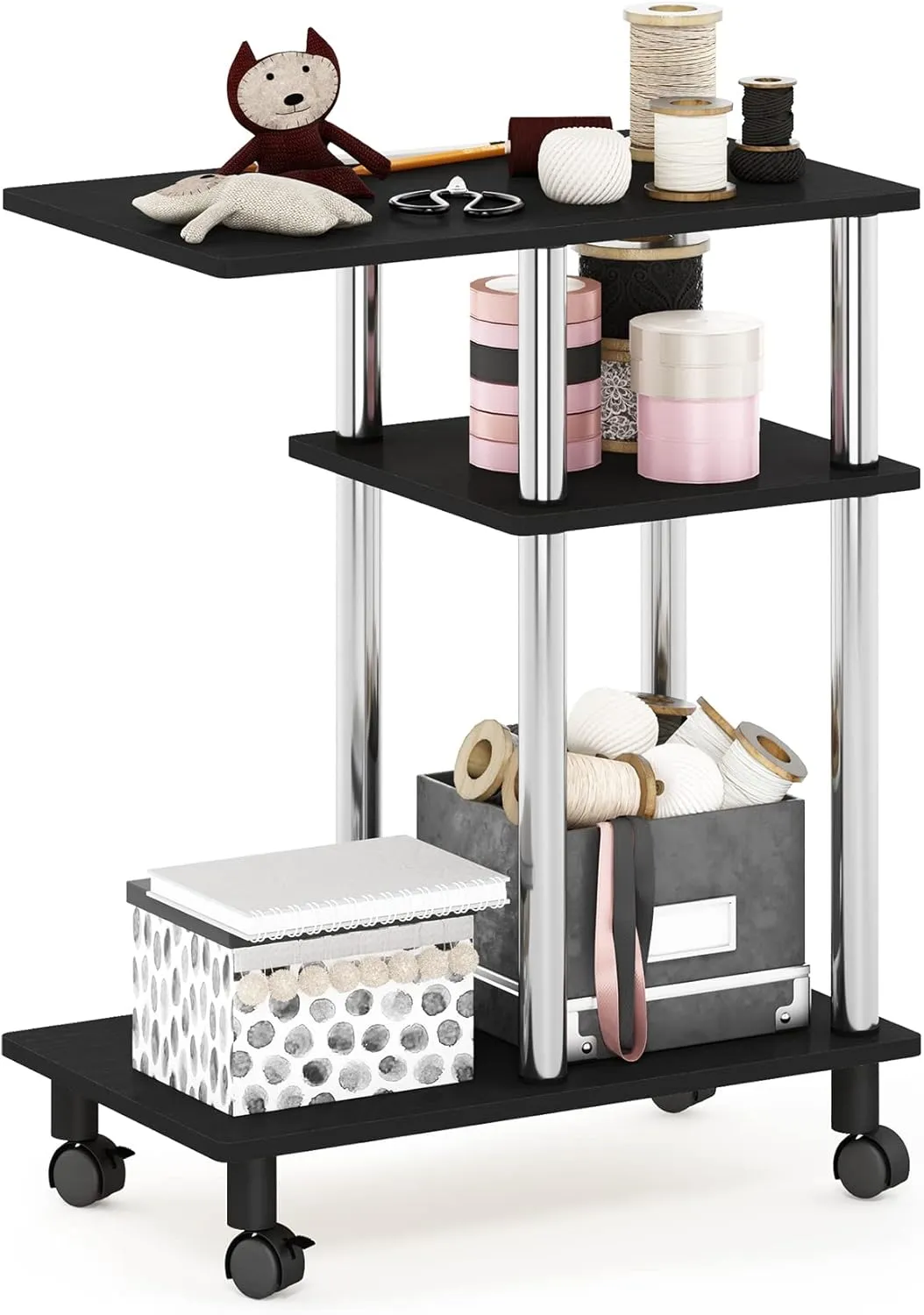 Furinno Turn-N-Tube C Shaped Side Table with Casters, Americano/Stainless Steel