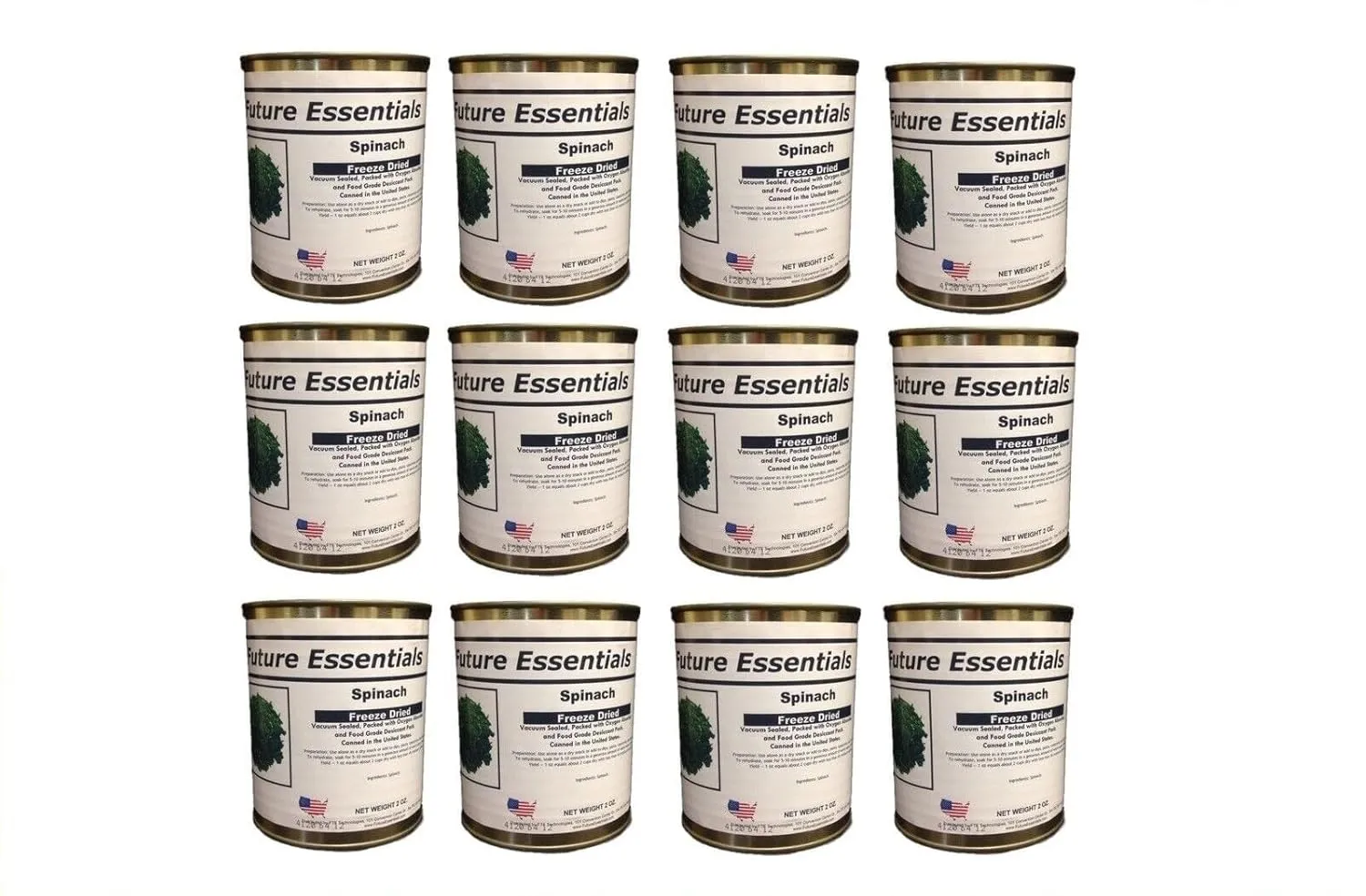 Future Essentials New Case of Freeze Dried Spinach #2.5 Can / 2 oz per can | Jarred and Packed Emergency Food Supply | Hunting, Survival, Camping, Backpacking Long Term Food Storage 25  years shelf life | Easy Prep Survival Food