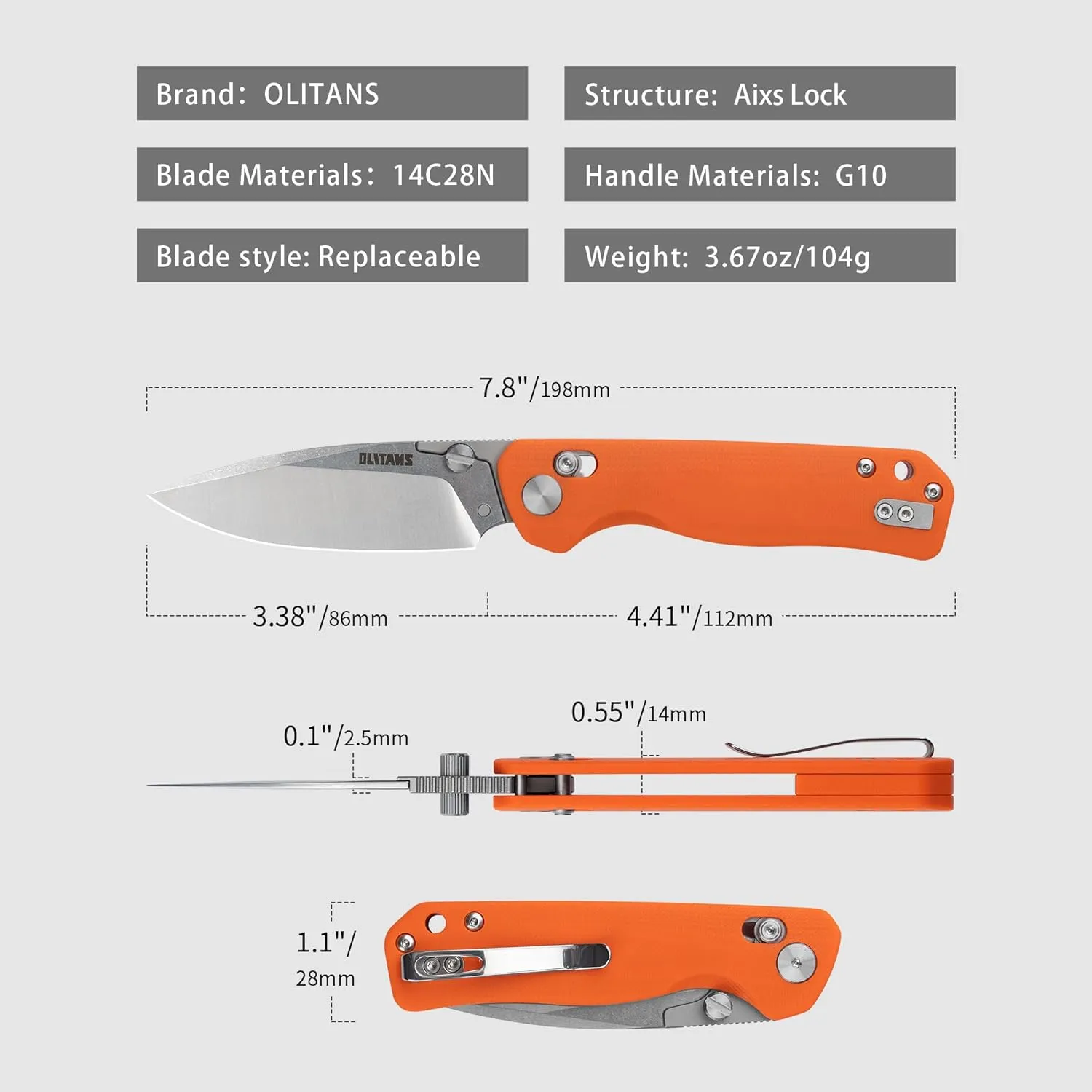 G056 Folding Knife for EDC, 14C28N Steel Replaceable blades Pocket knife, Crossbar Lock Knife for Outdoor, Survival, Hunting and Camping, 3.7oz(Orange)