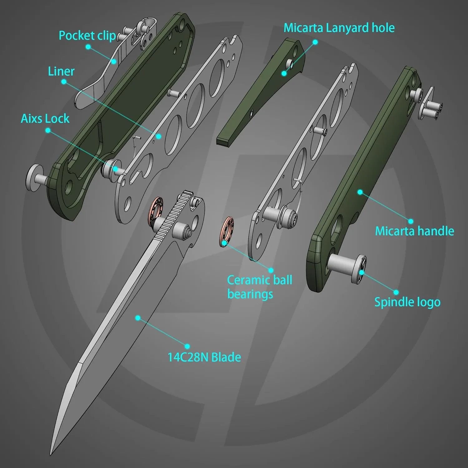G062 Folding Knife for EDC, 14C28N Steel Blade Pocket knife, Crossbar Lock Knife for Outdoor, Survival, Hunting and Camping, 3.28oz（Micarta Green Satin）