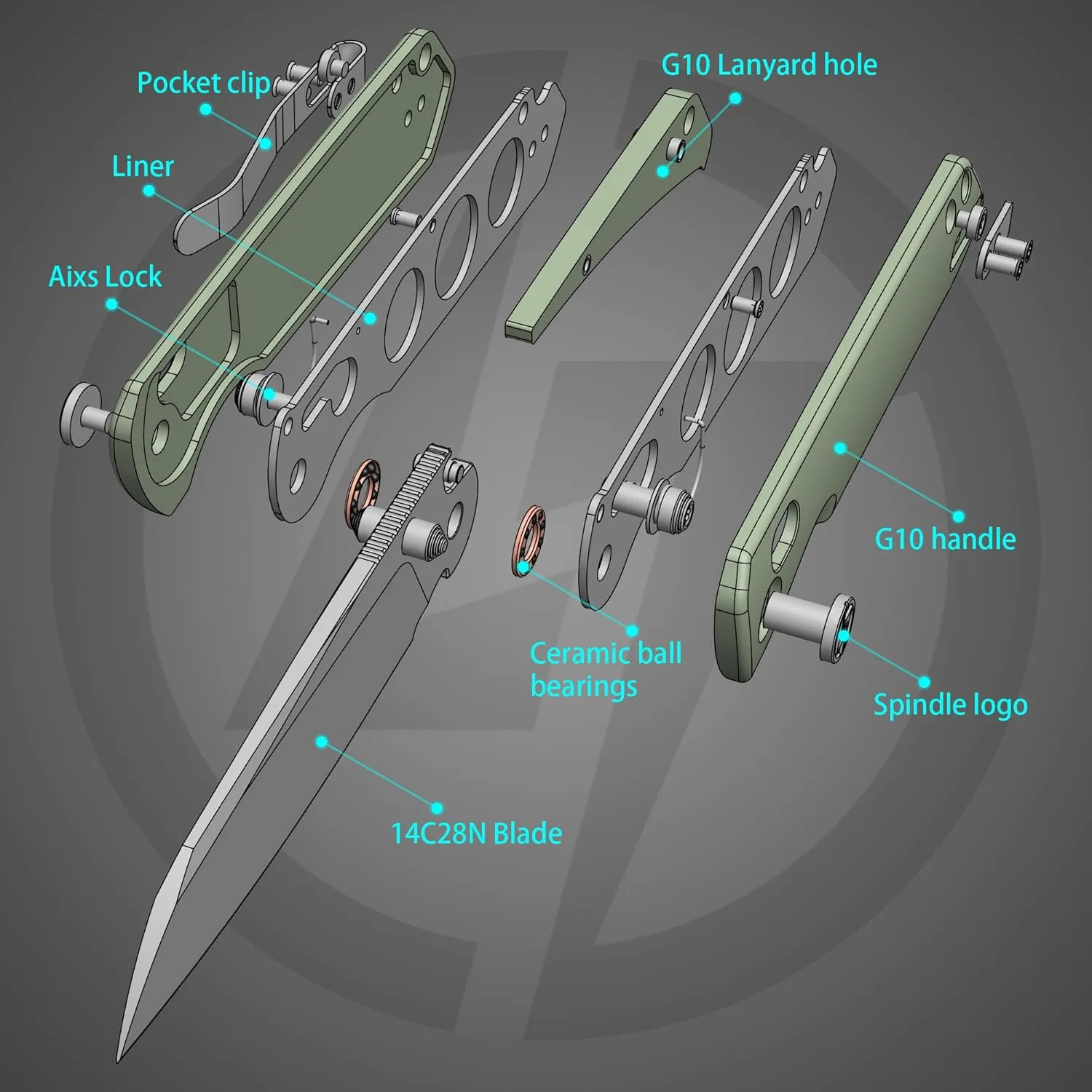 G062 Folding Knife for EDC, 14C28N Steel Blade Pocket knife, Crossbar Lock Knife for Outdoor, Survival, Hunting and Camping, 3.53oz(Nature Green Satin)