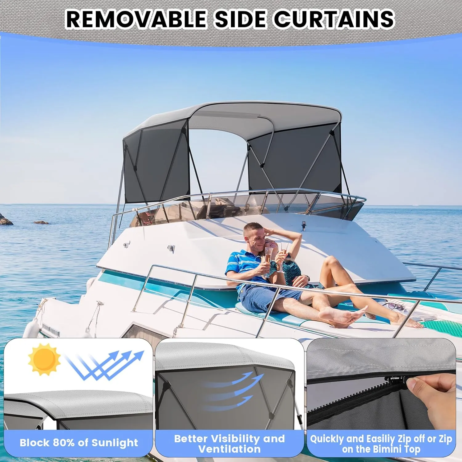 GAOMON 3 Bow Bimini Tops with Mesh Sidewalls Support Poles for Boats Durable Marine Grade Canvas Top Includes 2 Straps Storage Boot 1 Inch Aluminum Frame（3 Bow 6'L x 46" H x 67"-72" W）