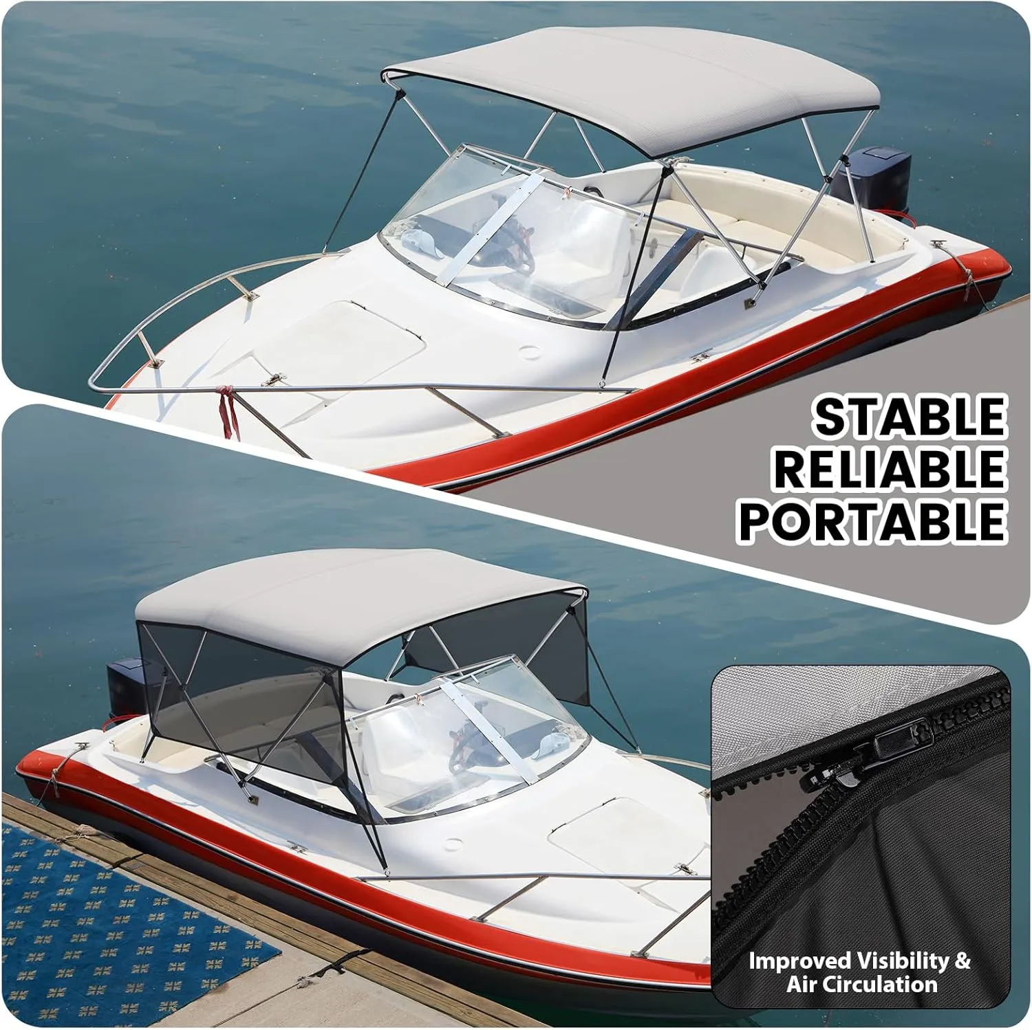 GAOMON 3 Bow Bimini Tops with Mesh Sidewalls Support Poles for Boats Durable Marine Grade Canvas Top Includes 2 Straps Storage Boot 1 Inch Aluminum Frame（3 Bow 6'L x 46" H x 67"-72" W）