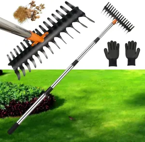 Garden Thatch Rake for Lawn, Heavy Duty Metal Thatching rake with Strong Handle, Wide 15inch Iron Dethatcher Rakes for Yard Leaf & Weed Clean, Soil Loose, Grass Groom (Yellow-tine29)