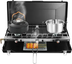 Gas Camping Stove Kit Portable Propane, Butane Cooking Stove Metal 3-Burner Camping Stove for Barbecues, Parties, Picnics, Outdoor Hiking-Black,Rectangular,Piezo Ignition,22 * 11.8 * 13.4in