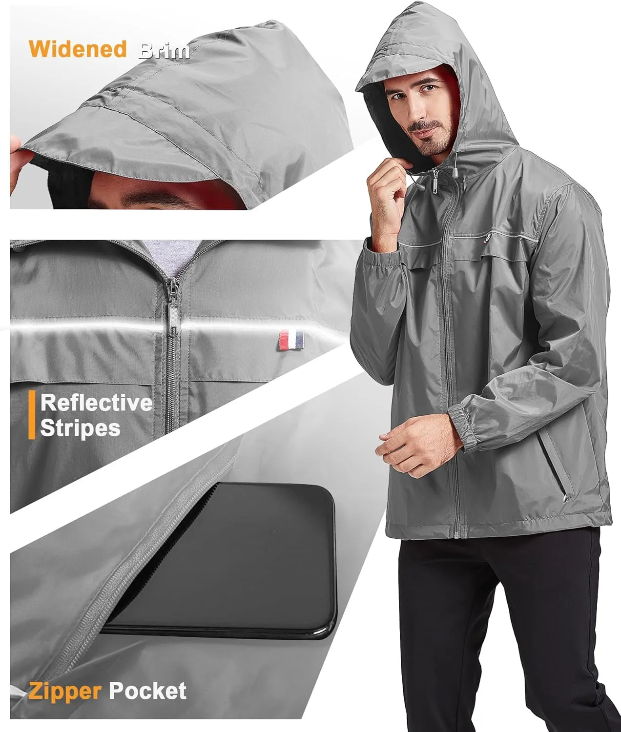 GEEK LIGHTING Mens Waterproof Hooded Rain Jacket Lightweight Raincoat for Outdoor Hiking Running Travel