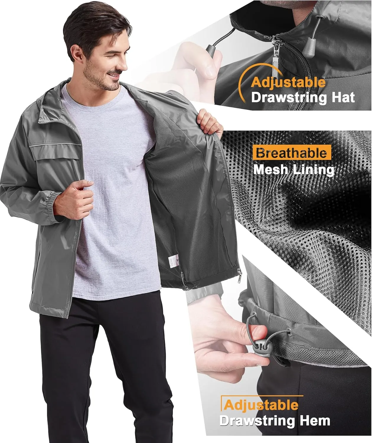 GEEK LIGHTING Mens Waterproof Hooded Rain Jacket Lightweight Raincoat for Outdoor Hiking Running Travel
