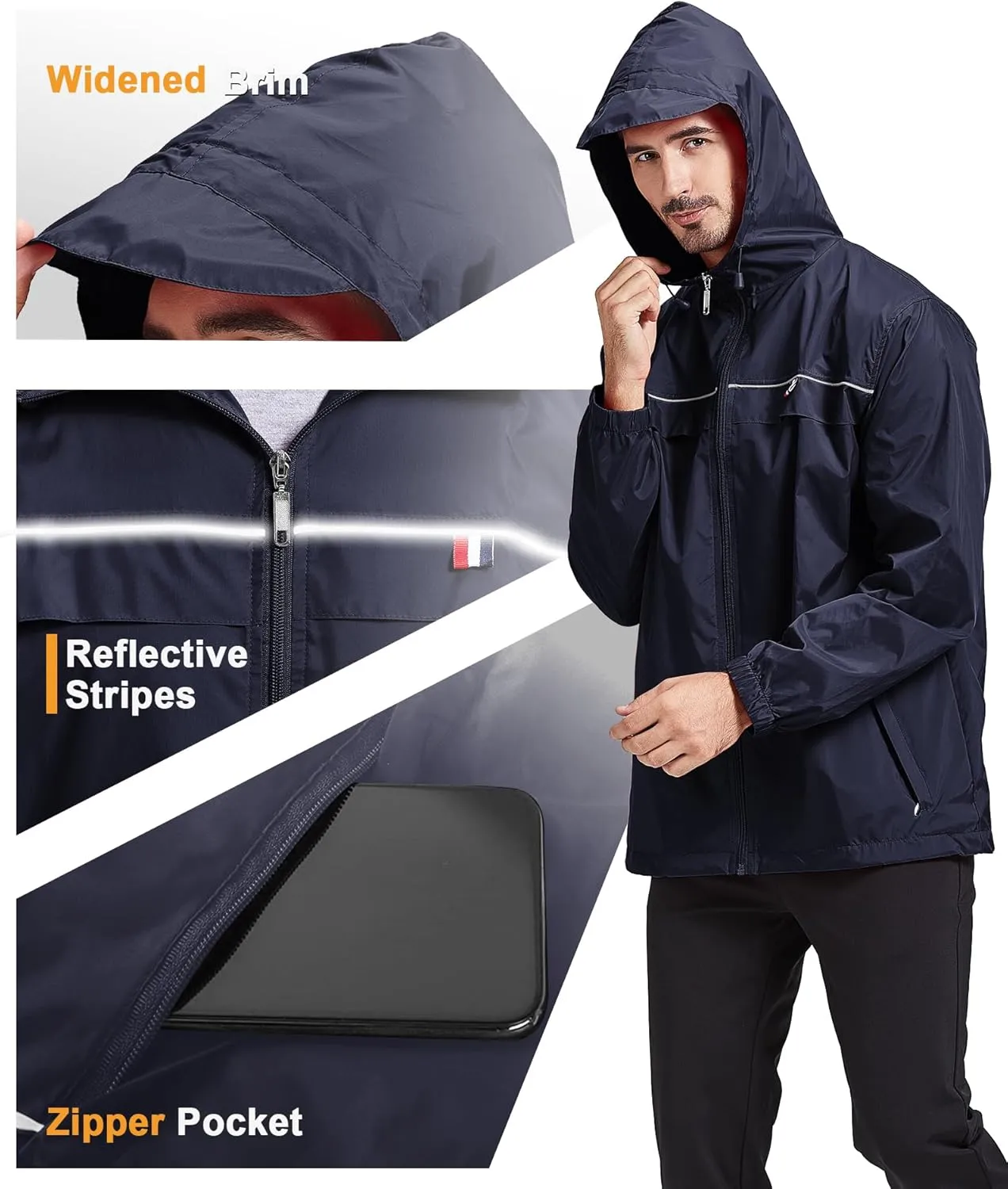 GEEK LIGHTING Mens Waterproof Hooded Rain Jacket Lightweight Raincoat for Outdoor Hiking Running Travel