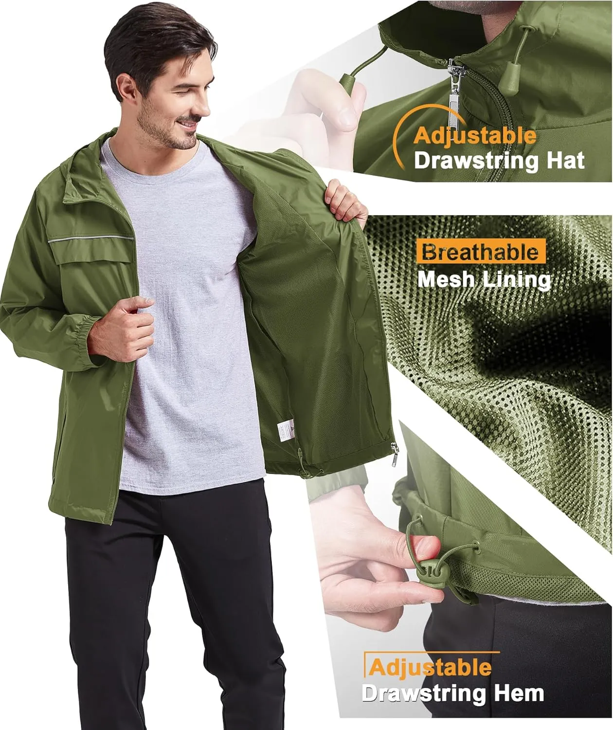 GEEK LIGHTING Mens Waterproof Hooded Rain Jacket Lightweight Raincoat for Outdoor Hiking Running Travel