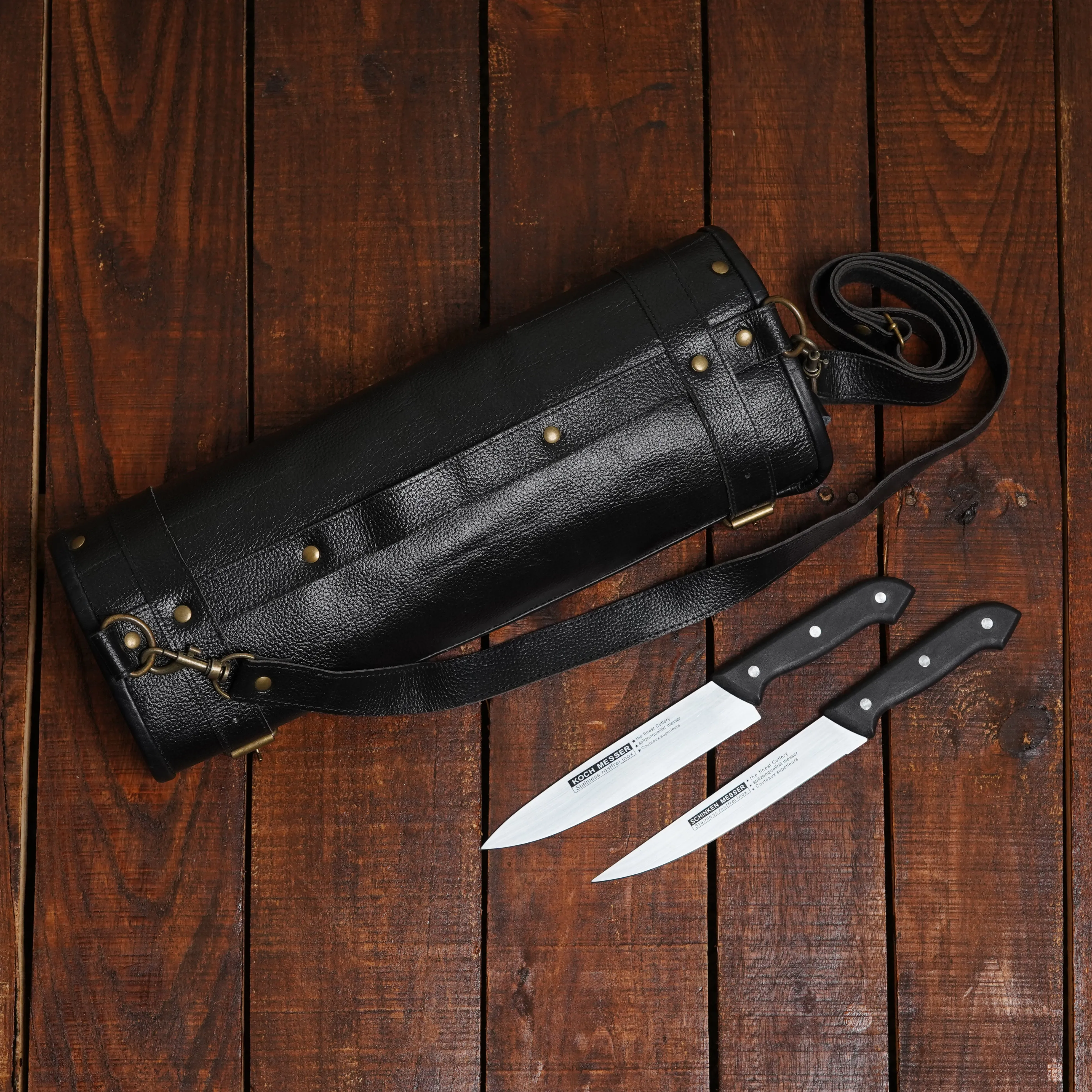 Genuine Black Leather Chef Knife Roll With Precision Stitching