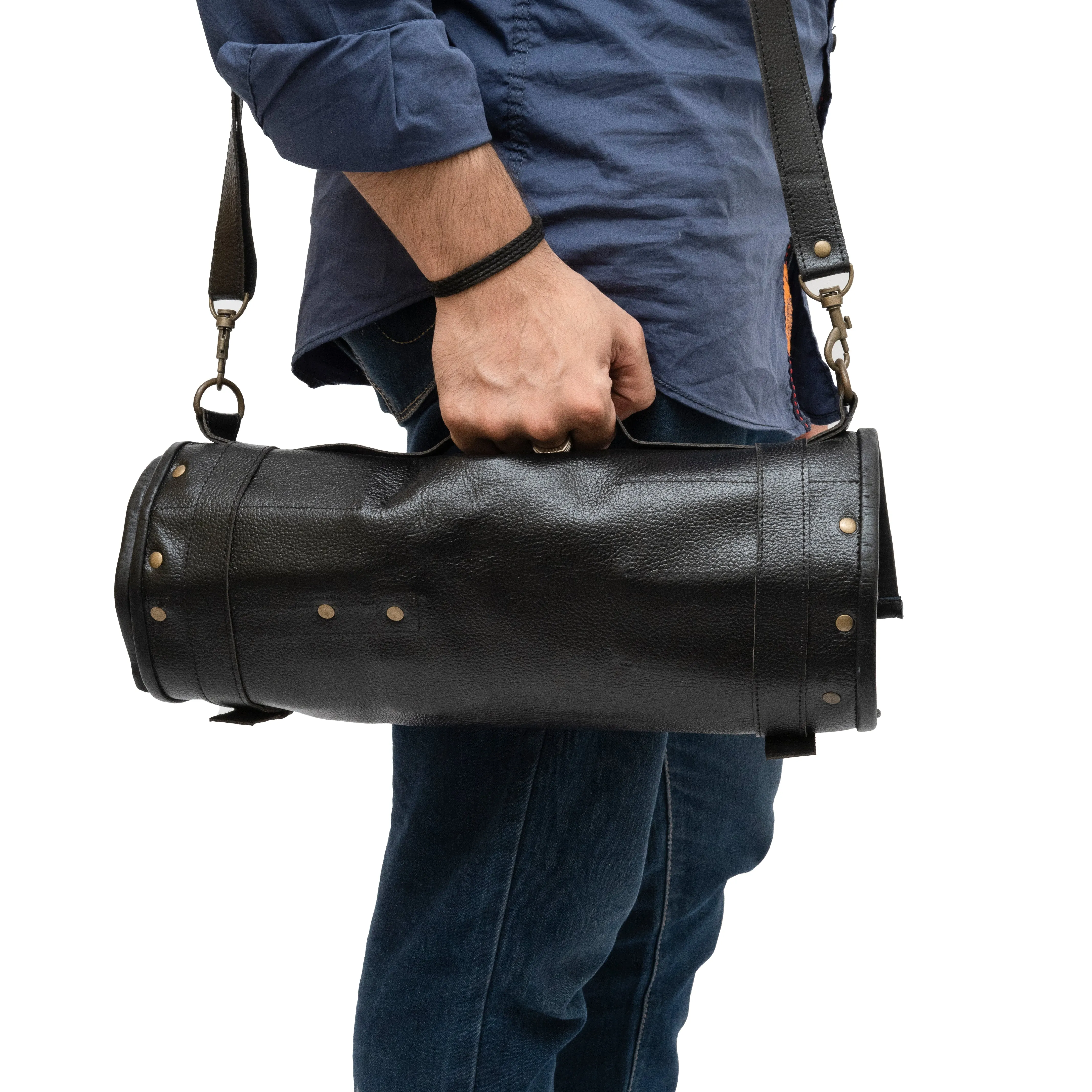 Genuine Black Leather Chef Knife Roll With Precision Stitching