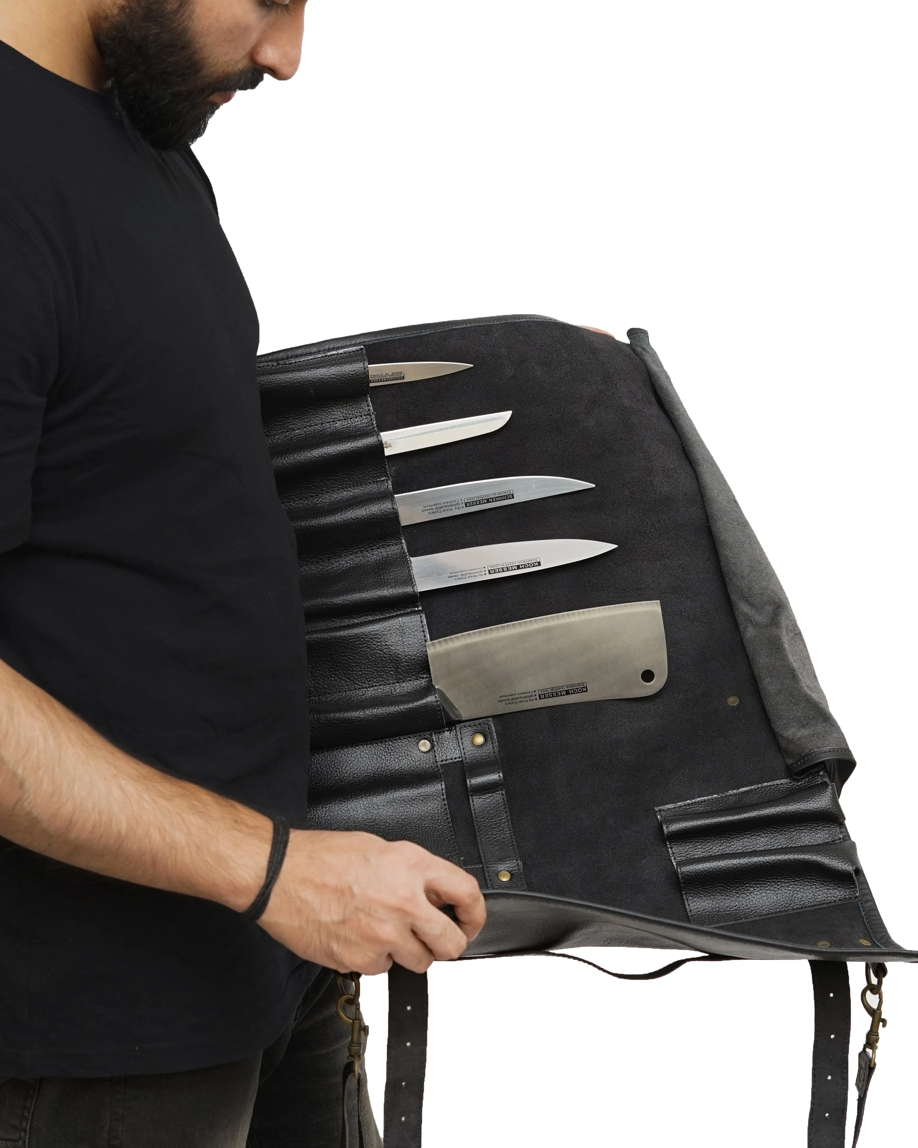 Genuine Black Leather Chef Knife Roll With Precision Stitching