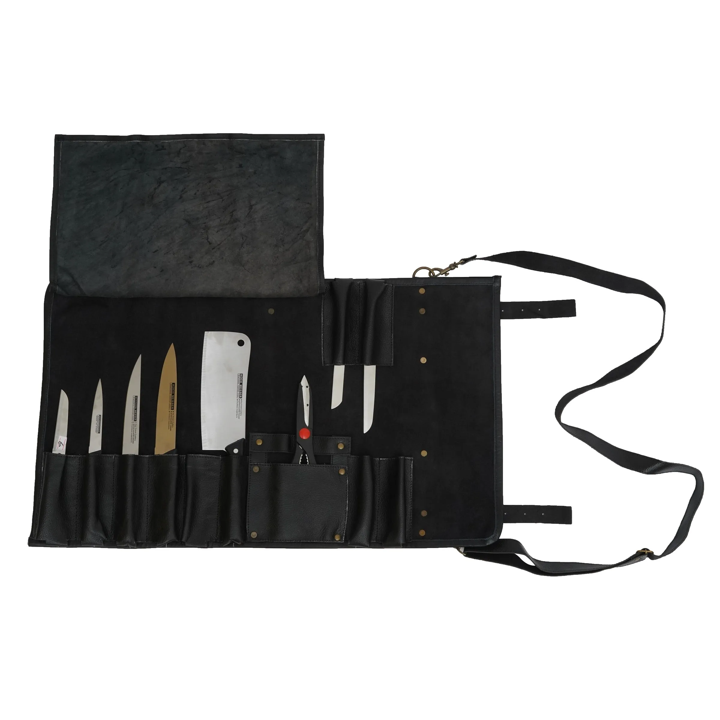 Genuine Black Leather Chef Knife Roll With Precision Stitching