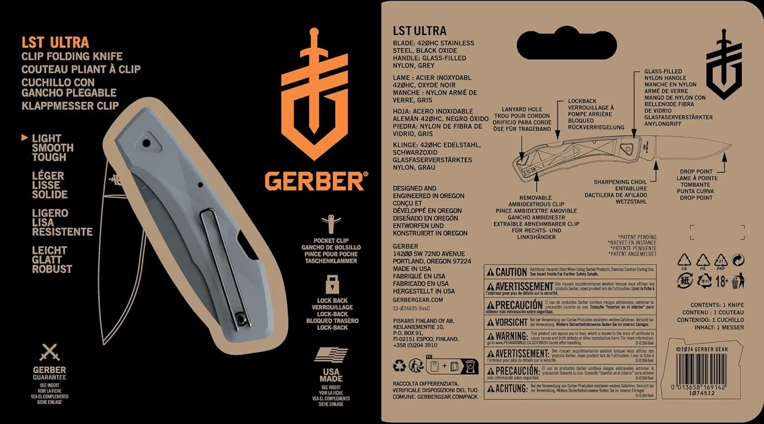 Gerber Gear LST Ultra - Lightweight EDC Knife - Survival Tactical Tool for Hiking, Camping & Outdoor - Compact Folding Pocket Knife - Stainless Steel Blade - Made in USA - Gray