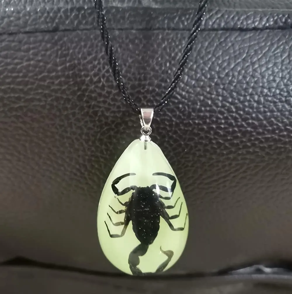 Glow in the Dark Necklace Black Scorpion Amber Resin Adjustable Necklace Pendent with Insect Sample Inside Birthday Gift for Lover Friends