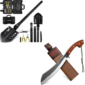 Golden Bird Survival Shovel Set and Parang Machete Knife Heavy Duty for Cutting Tress with Wooden Sheath