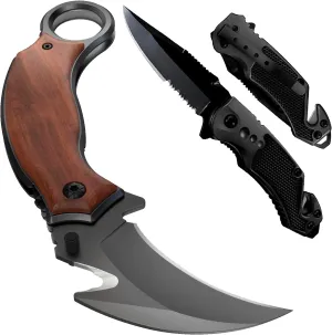 GOOD WORKER Bundle of 2 Items - Pocket Knife Tactical - Karambit Knife with Wood Handle - Best Folding Knife w/Curved Sharp Claw Blade