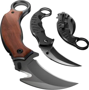 GOOD WORKER Tactical Folding Knife - Karambit with Wood Handle - Best Folding Knife w/Curved Sharp Claw Blade