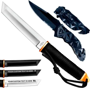 GOOD WORKER Tanto Camping Knife with Sheath – 3  Colors – 5.9" Fixed Full Tang Mirror Polished Blade – Black Pocket Knife – Serrated Sharp 3.5" Blade – Tactical Knife Set