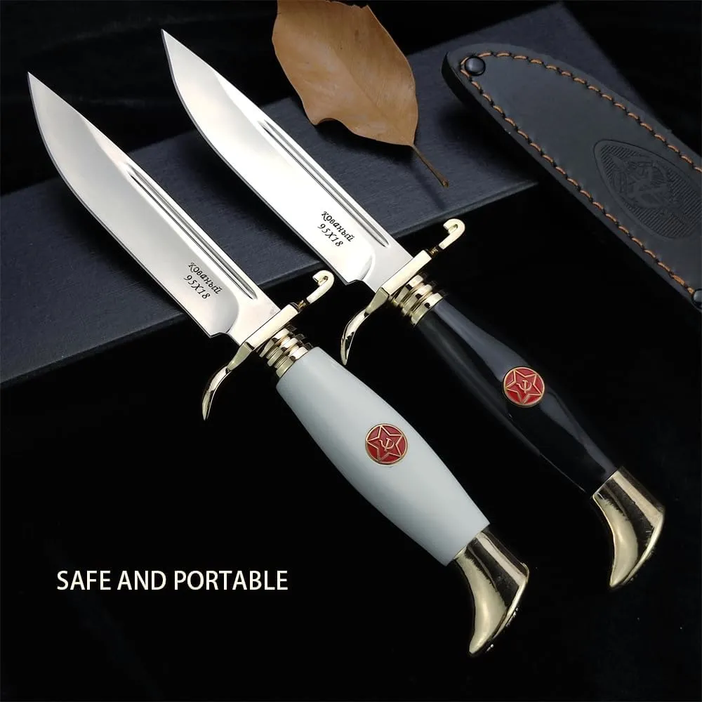 Goshawk Finka-NKVD KGB 10.39-inch Fixed Blade Knife, Stainless Steel and Acrylic Handle Hunting Knife with Leather Sheath for Camping, Survival, Hiking (Black)