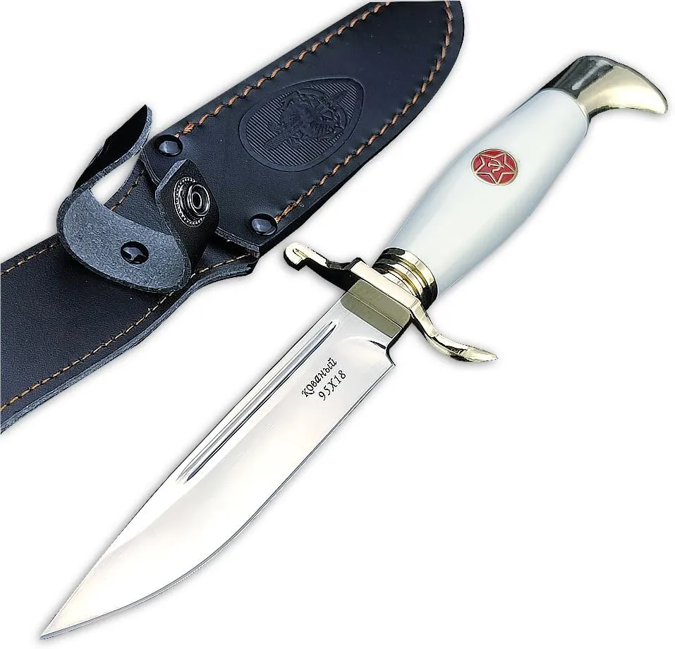 Goshawk Finka-NKVD KGB 10.39-inch Fixed Blade Knife, Stainless Steel and Acrylic Handle Hunting Knife with Leather Sheath for Camping, Survival, Hiking (White)